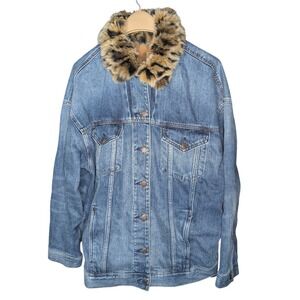 American Eagle Denim Trucker Jacket Faux Leopard Fur Collar Blue Jean Coat L